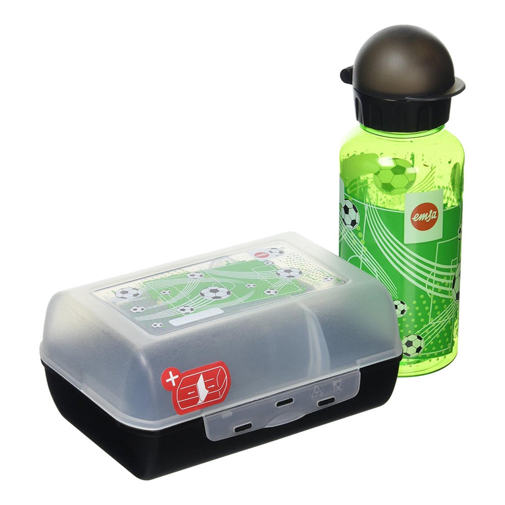 Emsa Kids Set Tritan, 2-tlg., Trinkflasche, Kinderflasche, Brotdose, Dose, Soccer, 400 ml, 518140