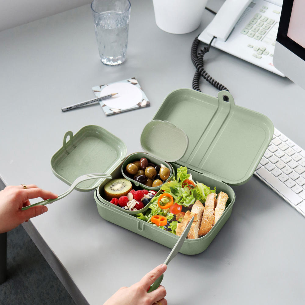 Koziol Lunchbox-Set + Besteck-Set Pascal Ready, Brotdose, Brotbox, Speisegefäß, Thermoplastischer Kunststoff, Organic Green, 3168668