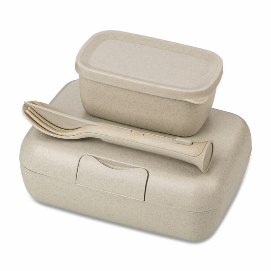 Koziol Lunchbox-Set + Besteck-Set Candy Ready, Kunststoff-Holz-Mix, Nature Desert Sand, 7272700