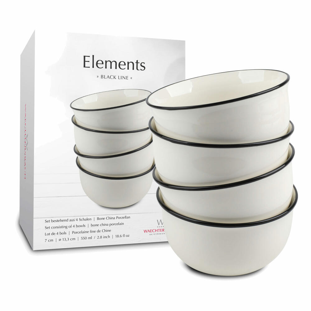 Waechtersbach Müslischale 4er Set im Geschenkkarton Elements - Black Line, Schalenset, New Bone China, weiß, 13 cm, 41 5 972 8000