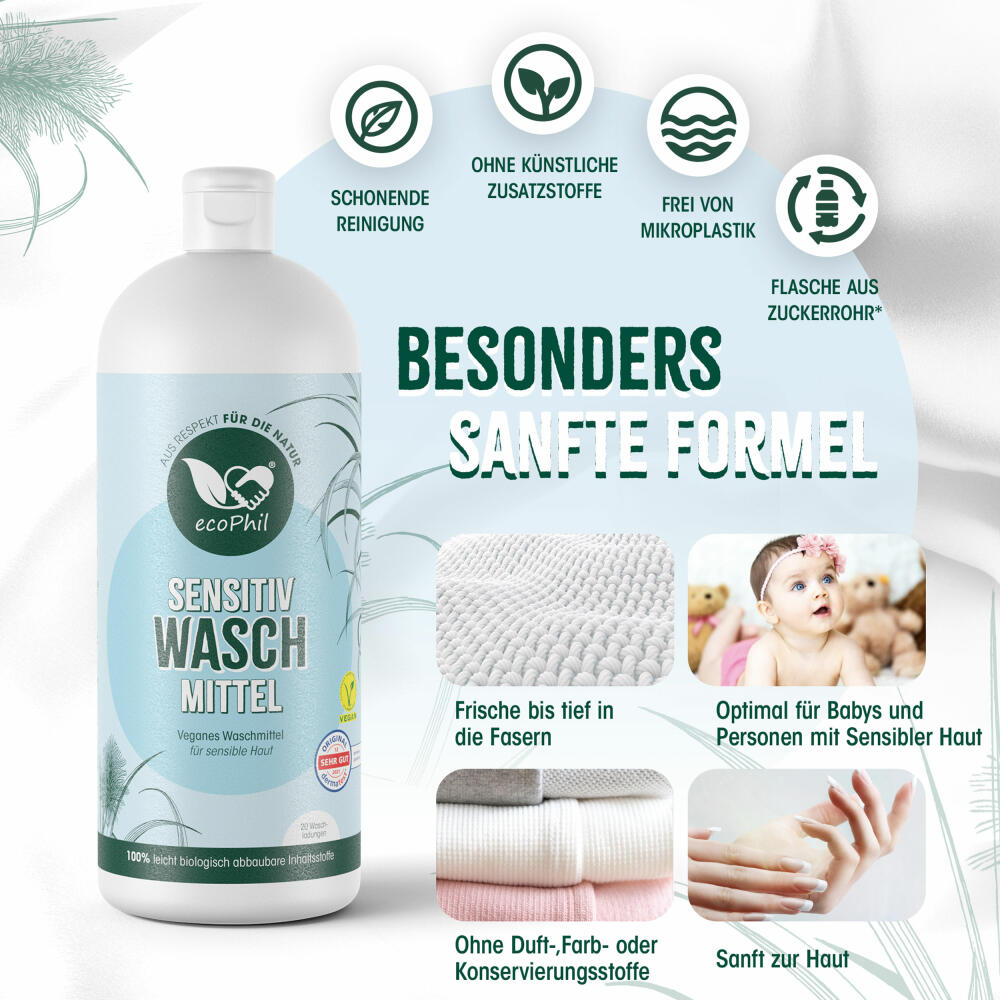 ecoPhil Sensitiv Waschmittel, schonend, Allergikergeeignet, für Weiß- und Buntwäsche, 1 L